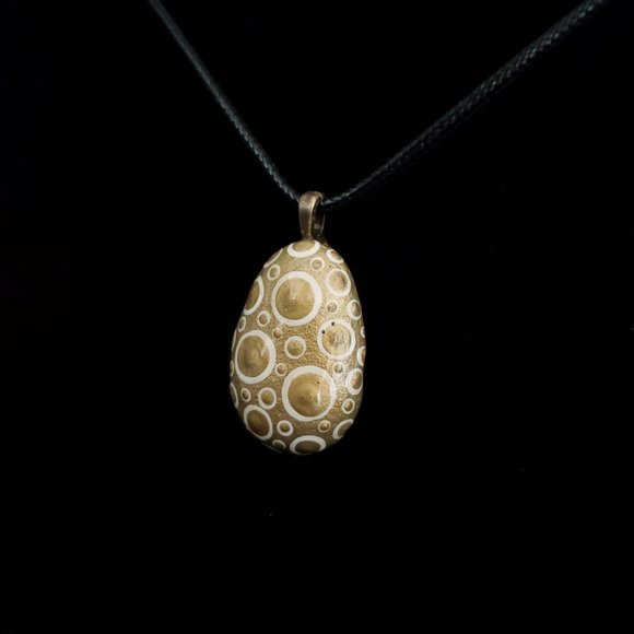 Hand Painted Dot Art Pendant. Gold with Parchment and Gold Spheres - Picture 3 of 16